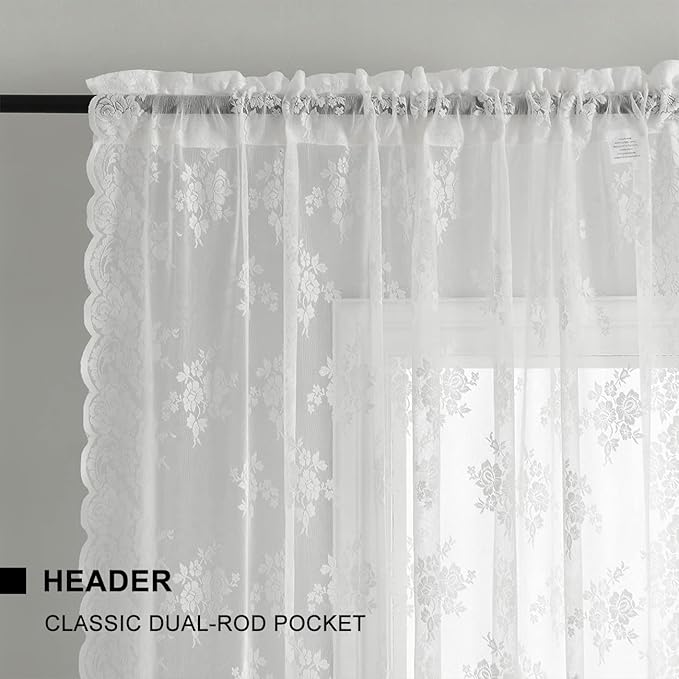 Kotile White Lace Curtains 54 Inch Length 2 Panels Set, Embroidered Rustic Floral Vintage Lace Curtains for Small Windows, Rod Pocket Privacy Sheer Window Curtain, 52 x 54 Inch, 1 Pair, White