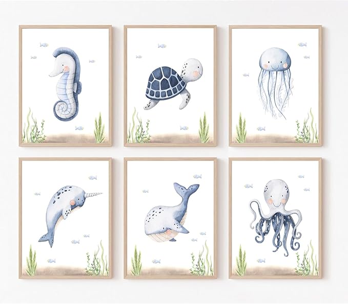 Wodkwq Nursery Wall Art Sea Animal Canvas Prints Baby Girl Boy Room Decor Watercolor Paintings Pictures Cute Ocean Theme Toddler Room Decoration Set of 6 for Kids Bedroom Bathroom 8x10in Unframed