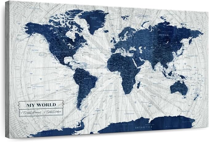 ElephantStock - My World Push Pin Map V Wall Art - Horizontal Canvas Wall Art - Living Room Wall Decor - Unique Map Canvas Art - Gray And Blue Decor - 39" x 26"