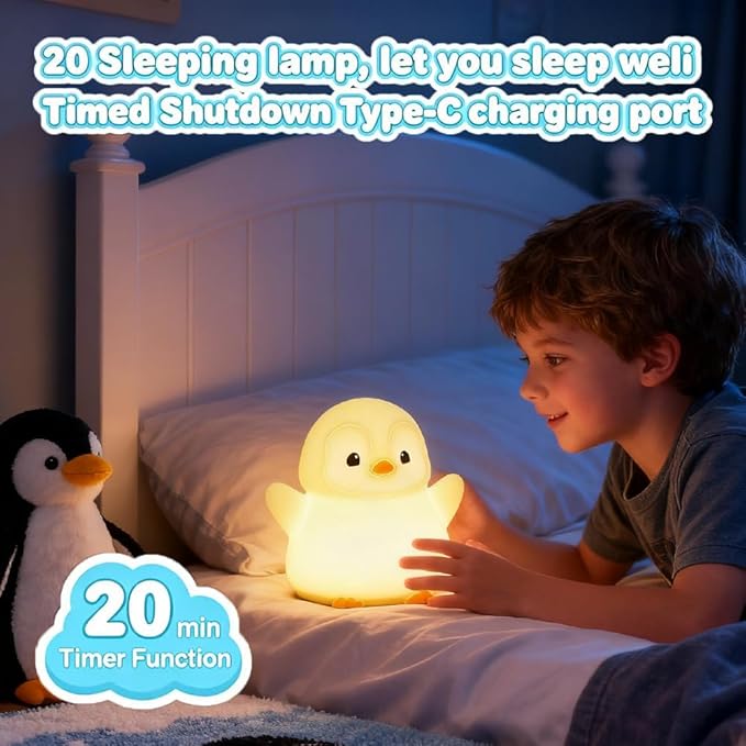 Cute Penguin Night Light for Kids Bedroom, Animal Silicone Nursery Night Lamp Touch Control Nightlights USB Rechargeable Bedside Lamp for Baby Children Toddlers Girls Gift