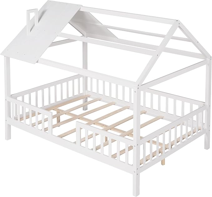 Merax Full House Bed for Kids,Wood Full Bed Frame House-Shaped Bed Platform Bed Frame with Roof Windows and Full-Length Safety Rails White