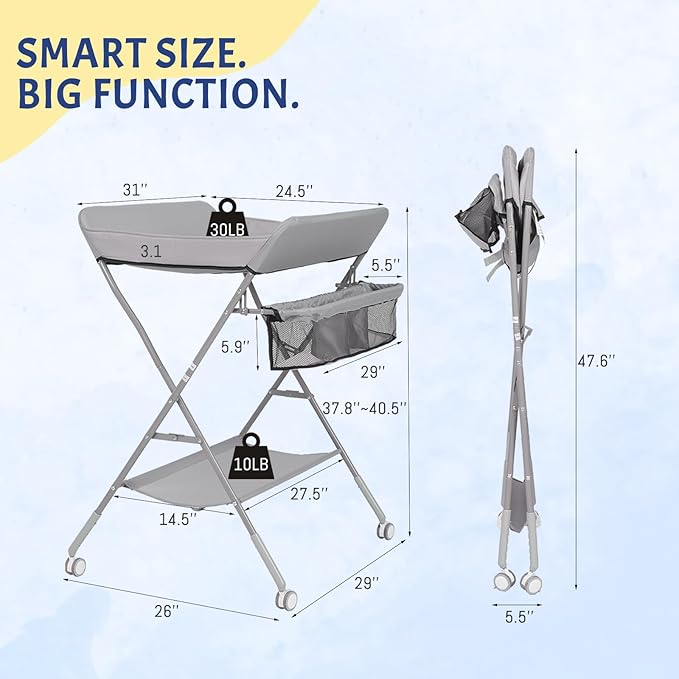 Portable Diaper Changing Table with Wheels for Baby, Mobile Folding Changing Station with 5-Level Adjustable Height and Large Storage Rack & Shelf