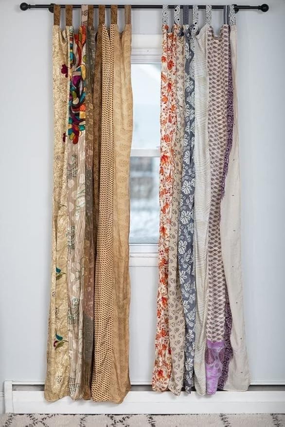 YILLE Boho Silk Sari Curtain Panel,1 Piece Vintage Handmade Lightweight Recycled Indian Silk Saree Window Drapes for Bohemian Living Room, Aesthetic Home Décor Wall Hanging - White, 84 X 43 in