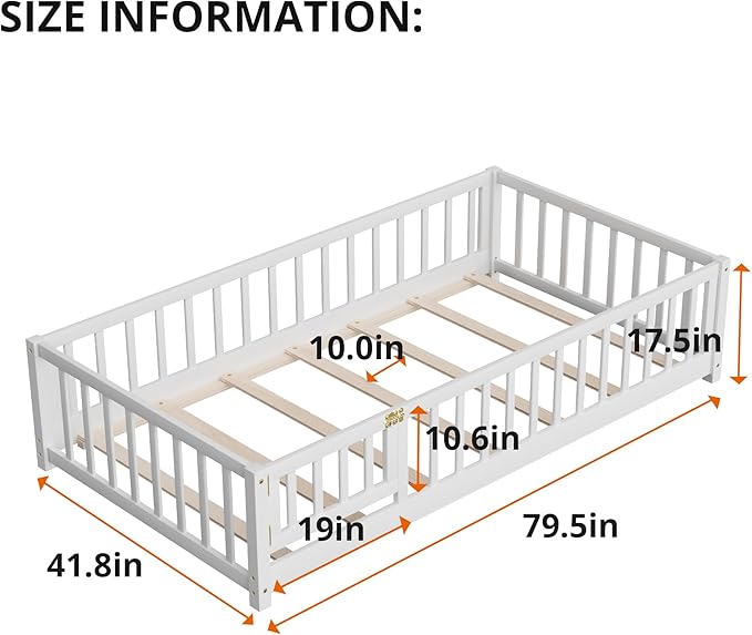 i-POOK Twin Floor Bed for Children, Sturdy Wood Montessori Bed Frame with Wood Slats, High Fence & Small Door, Montessori Floor Bed for Girls and Boys, White