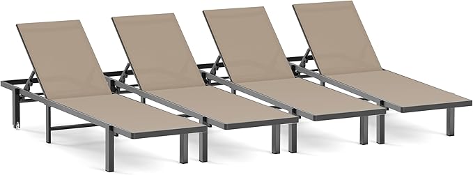 Pool Chaise Lounge Chair Set of 4, Outdoor Lounge Chairs with Wheels, 5-Position Adjustable Sun Loungers for Outside, Deck, Beach, Khaki