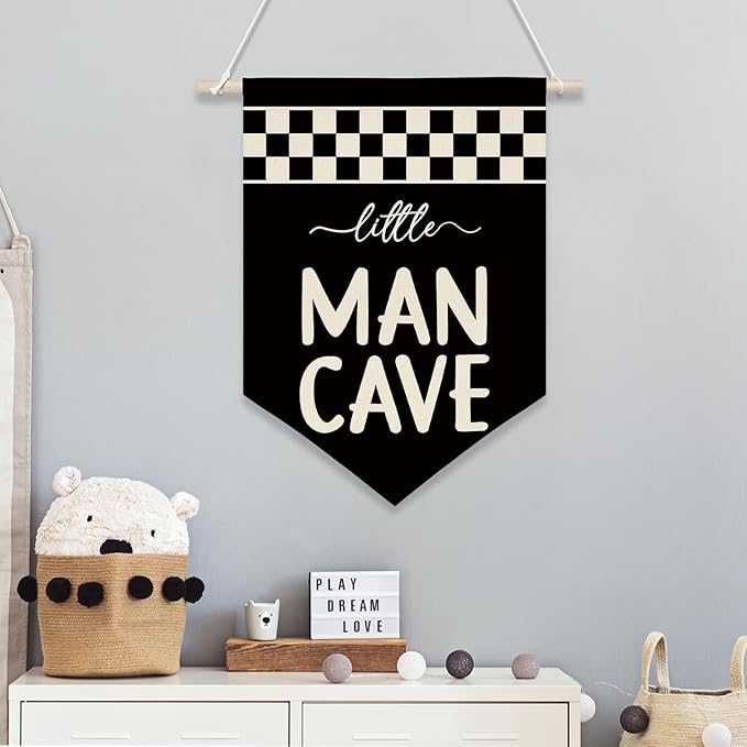 Little Man Cave Wall Banner for Boys Room – Black & White Checkered Canvas Wall Hanging Sign for Kids Playroom, Toddler Bedroom Decor, Cool Poster Gift for Son or Grandson 11x16 inch(KD25)