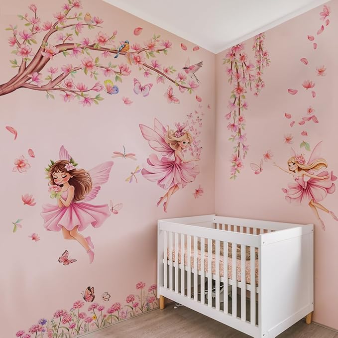 Pink Fairy Garden Wall Decals, Cherry Blossom Tree with Butterflies Wall Stickers for Girls Room Nursery Decor, 45x37 inches, 3 Sheets