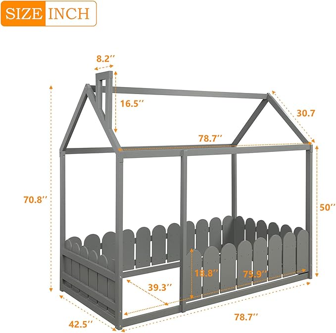 Bellemave Twin Size Kids Floor Bed Frame with Fences, Wooden House Bed with Roof Can be Decorated for Kids Girls Boys (Grey)