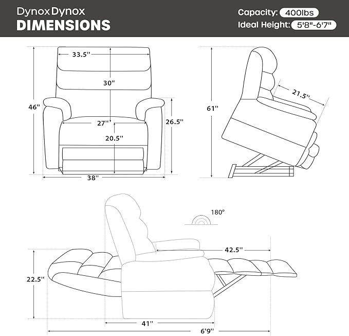 DYNOX 400 LBS Big Tall Man Large-Wide Power Dual Motor Lift Recliners Chairs for Elderly, Lay Flat Lift Chair with Infinite Positions, Heat & Massage, Extended Footrest (9298L,Faux Leather,Grey)