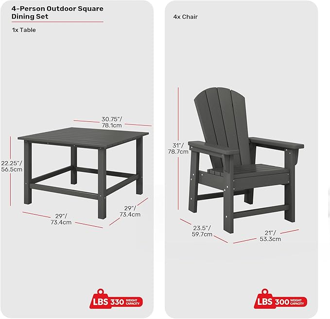 Costaelm Paradise Kids 5-Piece HDPE Outdoor Square Patio Dining Table and Chairs Set, Gray