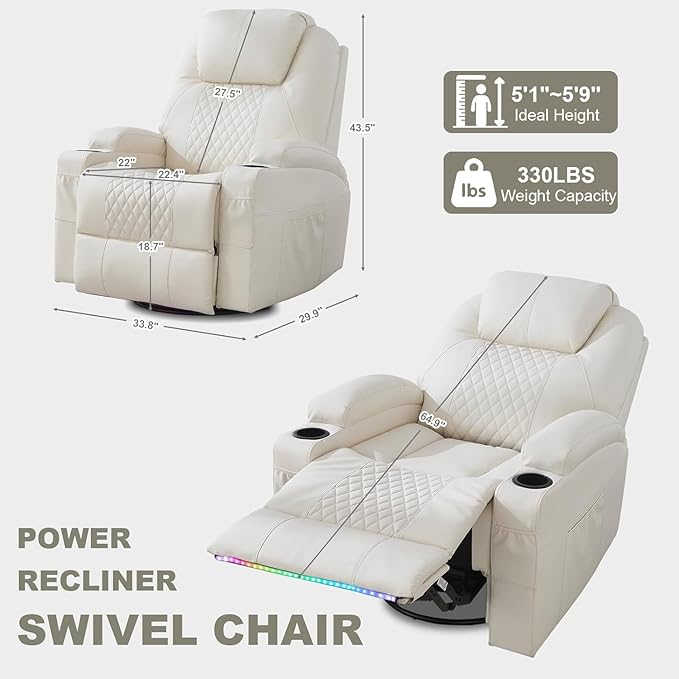 Power Swivel Rocker Recliner Chair with Massage and Heat/LED Lights/USB and Type-C Ports/Infinite Position/Cup Holder, Electric Glider Reclining Sofa for Nursery Living Room (1, Beige)