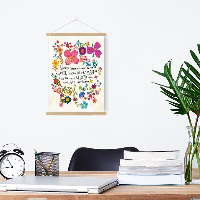 Qswo Inspirational Quotes Wall Decor for Women,Always Remember That You Are Braver Than You Believe Wall Art Poster Hanger Frame,Motivational Hanging Canvas Wall Decor for Girl Room Home Office