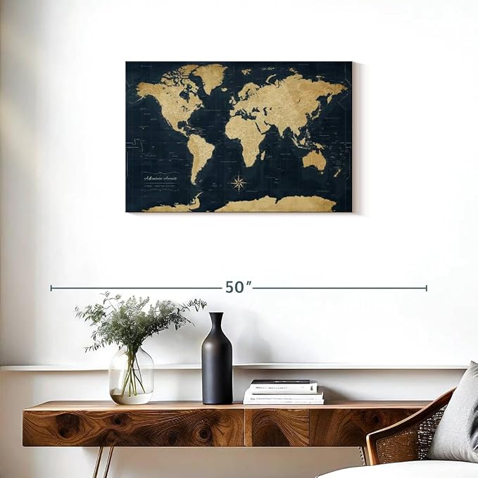 ElephantStock - Adventure Awaits World Map With Push Pins Wall Art - Horizontal Canvas Wall Art - Living Room Wall Decor - Digital Art Map Canvas Art - Gold And Blue Decor - 30" x 20"
