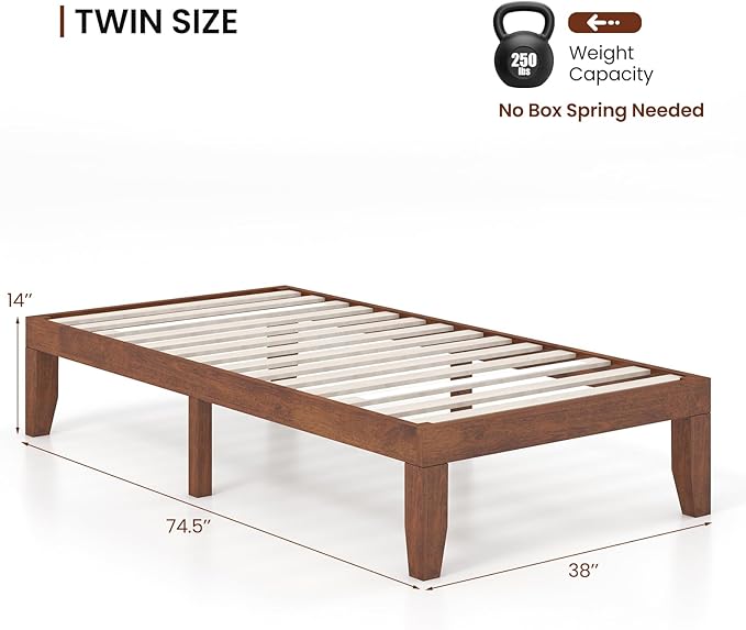 KOMFOTT 14 Inches Wood Platform Bed Frame Twin Size, Wooden Mattress Foundation with Rubber Wood Frame, Strong Wooden Slat Support, No Box Spring Needed, Bed Frame (Brown Cherry)