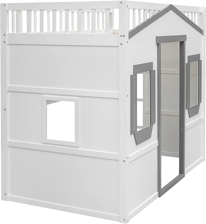 Twin Size Loft Bed with Safety Guardrail for Kids Boys Girls, Playhouse Design Solid Wood Loft Bed Frame with Ladder and Windows, Strong Wood Slats Support, Space-Saving (White+g Twin)