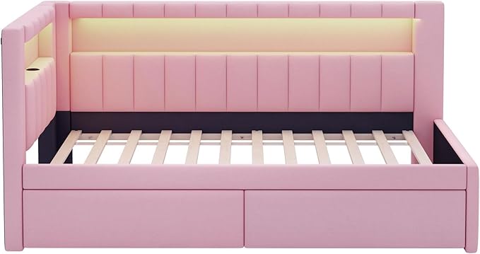 Twin Size Daybed with Storage Drawers and L-Shaped Bookshelf Headboard, Linen Upholstered Soft Corner Bed with Shelves, Charging Station and LED Belt for Kids Boys Girls, Pink