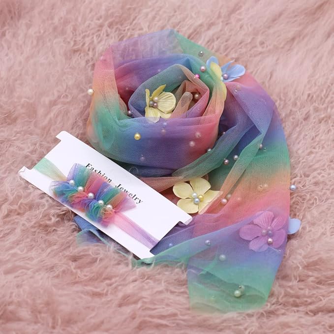 Newborn Baby Photography Props Blanket, Baby Photo Props Pearl Wrap Blanket Headband for Baby Boys Girls Photoshoot (Rainbow)