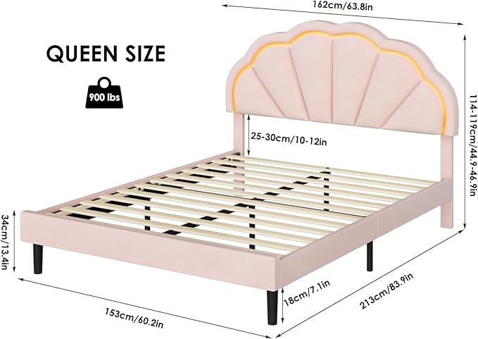 HIFIT Queen Upholstered Smart LED Bed Frame with Adjustable Chic Petal Headboard, Soft Princess Queen Size Platform Bed Frame for Girls, Wooden Slats Support, No Box Spring Needed, Easy Assembly, Pink