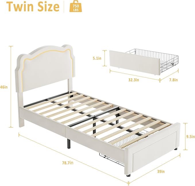 GarveeHome Twin Upholstered Smart LED Bed Frame with Headboard and LED, Velvet Princess Platform Bed Frame, Wooden Slats Support, No Box Spring Needed (Beige with Drawer, Twin)