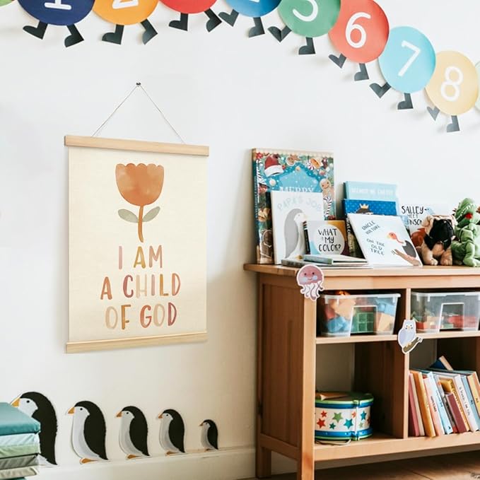 PLKMN Christian Nursery Wall Decor, I am a Child of God Wall Art with Wooden Poster Hanger, Boho Floral Christian Wall Decor for Nursery Kids Room Sunday School Preschool Classroom, 12x16 Inch