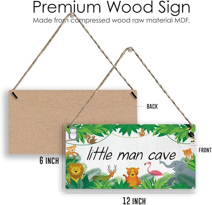 Little Man Cave Sign Woodland Nursery Room Decor for Baby Bedroom Jungle Safari Animal Theme Wall Decor for Toddler Room Decor 12 × 6 Inch（Wood 4009）