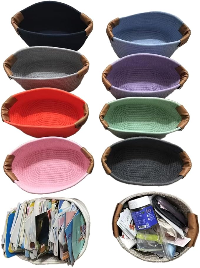 Small Cotton Woven Basket with PU Leather Handle, Baby Kids Clothes Toys Candy Gifts Cotton Rope Organizer, Living Room Basket Bathroom Shower Storage Laundry Basket, Dog Cat Bed, Cute Decor, Orange