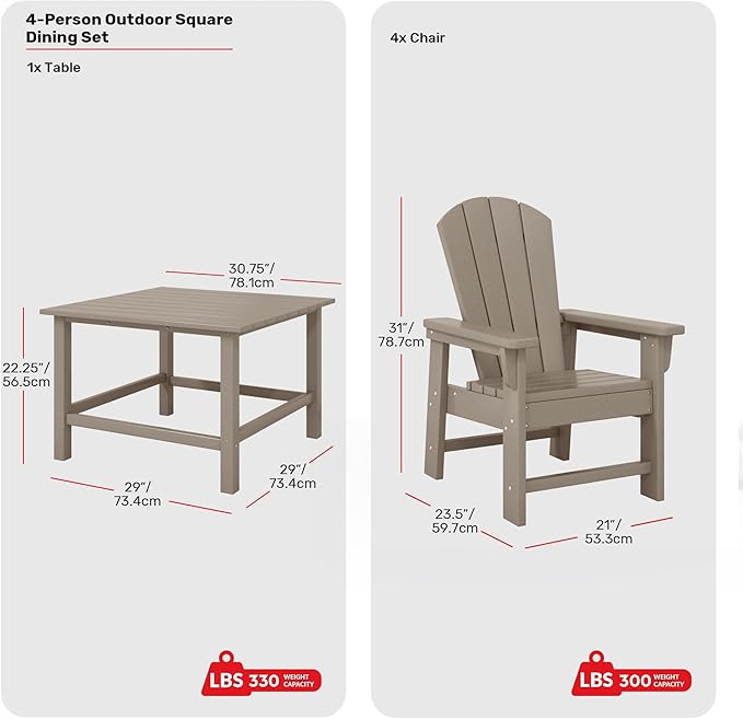 Costaelm Paradise Kids 5-Piece HDPE Outdoor Square Patio Dining Table and Chairs Set, Weathered Wood