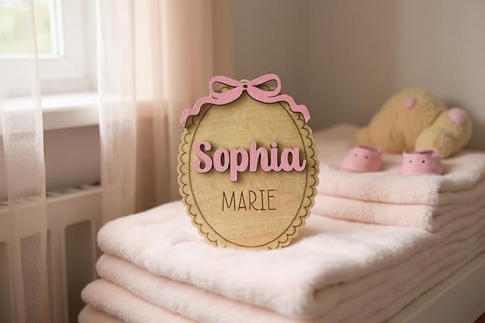 Personalized Baby Announcement Sign with Bow, Custom 3D Layered Scalloped Edge Name & Birth Stat Board for Newborn Photos (Name Sign)