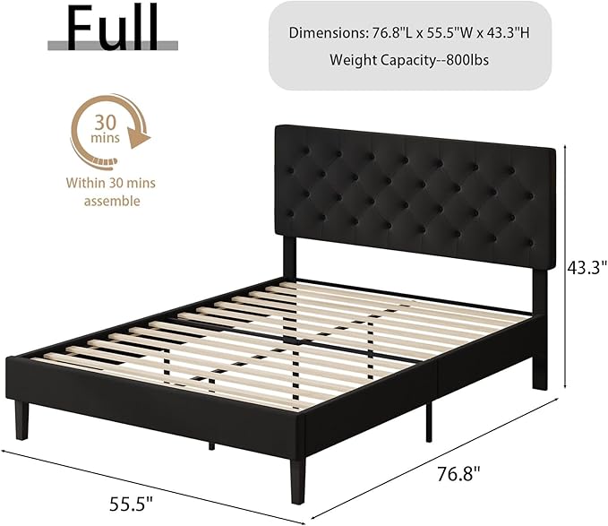 BarnFurin Full Bed Frame, Upholstered Platform Bed with Button Tufted Headboard, Fabric Bed Frame with Wooden Slats Support, No Box Spring Required, Easy Assembly, Black