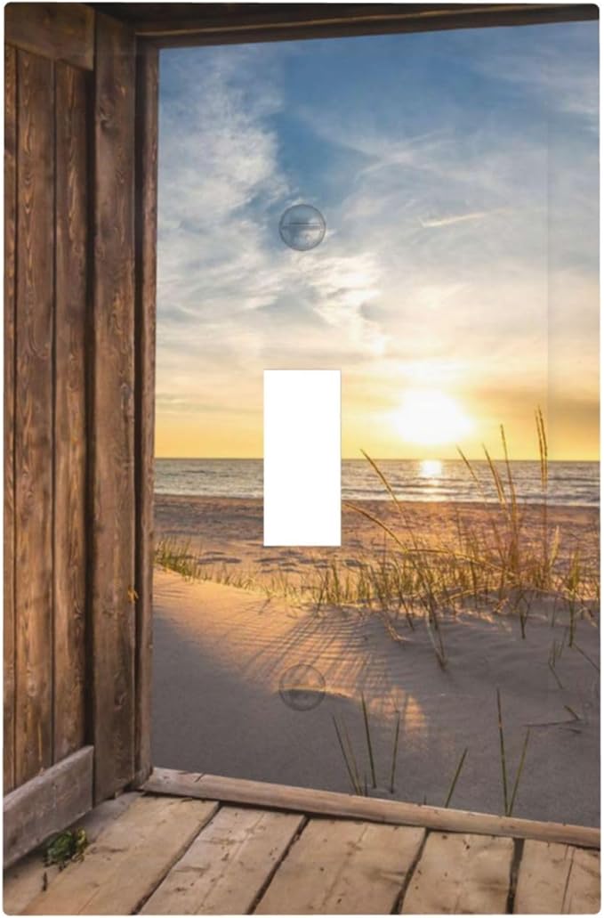 Sun Beach Grass Ocean Landscape Single Toggle Wall Plate Covers 1 Gang Light Switch Cover Farmhouse Western Brown Barn Door Faceplate Decorative Electrical for Bathroom Kitchen Home Decor