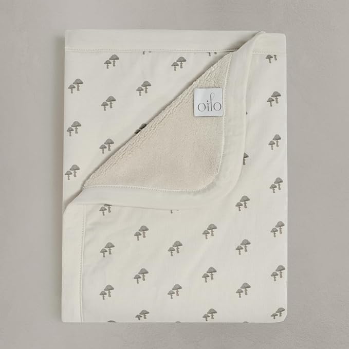 Oilo Baby Blanket, Luxury Plush Chenille Backing & Organic Cotton Jersey Print, Double Layered, 30" x 40", Rolled Jersey Edge Trim, Infant & Toddler Size, Heirloom Organic Collection, Mushroom