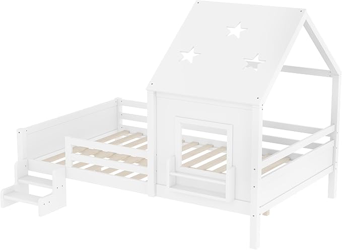 Bellemave Full House Bed with Rails or guardrails and Bookcase, Wooden Full House Shape Platform Bed for Boys, Girls, Teens, White