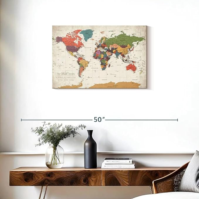 ElephantStock - Personalized World Awaits II Push Pin World Map Wall Art - Horizontal Canvas Wall Art - Living Room Wall Decor - Digital Art Map Canvas Art - Green And Beige Decor - 30" x 20"