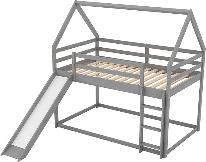 Twin Size Bunk House Bed with Slide and Ladder,can Switch Positions Left & Right,Bedroom Wood Loft Bed Frame W/No Box Spring Required,Easy to Assemble,for Kids Teens Girls Boys,Gray