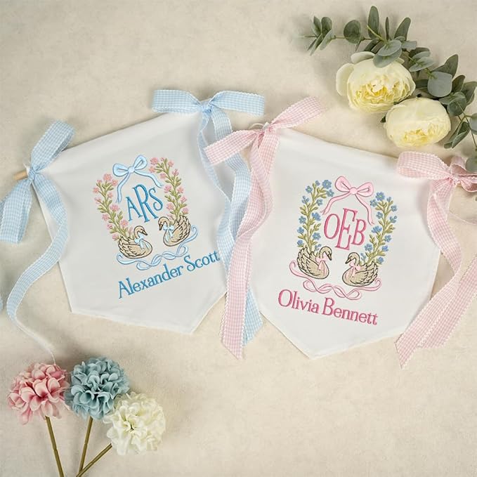 Embroidered Baby Name Sign with Bows Personalized Baby Announcement Sign Newborn Baby Banner Baby Hospital Name Sign Canvas Hanging Pennant Flag Custom Infant Baby Name Baby Shower Banner (07)