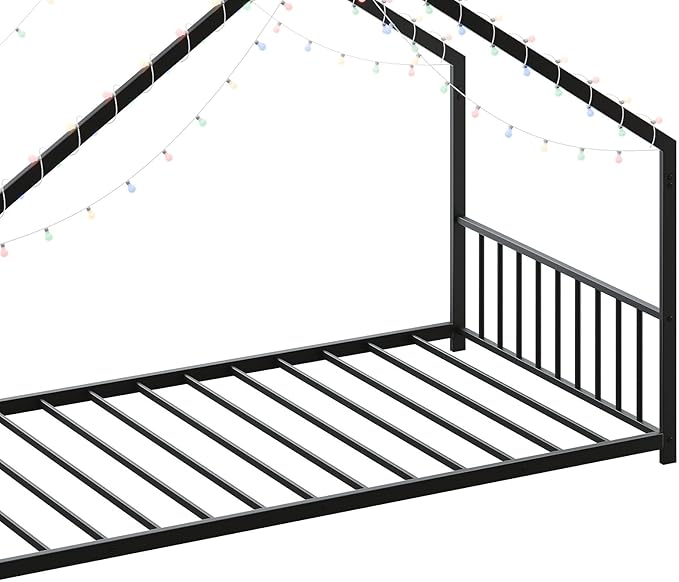 Bellemave Twin Size Montessori Floor Beds with Slats for Kids, Metal Twin House Bed for Kids, Black with Slats and Lights