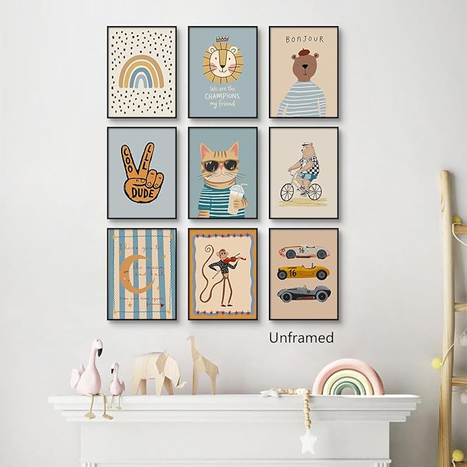 9 Pieces Nursery Canvas Wall Art, Cute Milkshake Cat Poster, Happy Bear and Violin Playing Monkey Kids Poster, Boys Playroom Cars Picture, Cozy Rainbow Dots and Smiling Moon Print 12x16in Unframed