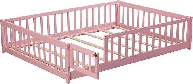 Full Size Montessori Floor Bed Frame with Convertible Door for Girls & Boys,Wood Montessori Bed w/Safety Guardrails & Wood Slats for Kids,Pink