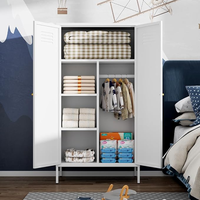 2 Door Metal Wardrobe,Classified Storage Tall Storage Cabinet with Hanging Rod&2 Freely Adjustable Shelves, Metal Armoire Closet for Kids Bedroom, Laundry Room,Home (Storage Cabinet, White)