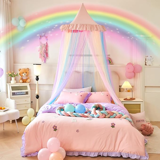 Kertnic Rainbow Bed Canopy for Girls Dreamy Mosquito Net for Bed Round Dome Princess Bed Canopy Girl Room Play Tent Kids Canopy Bed Netting Curtains (Single Layer- Pink)