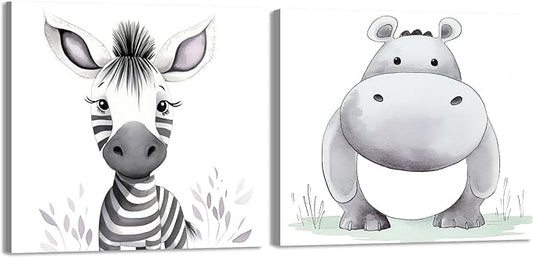 Baby Animal Framed Canvas Wall Art Set of 2 - Cute Baby Zebra Hippo Paintings Pictures Nursery Decor Wild Animals Posters Prints for Living Room Kids Room Decor(Artwork-01, 20"x20"x2P)