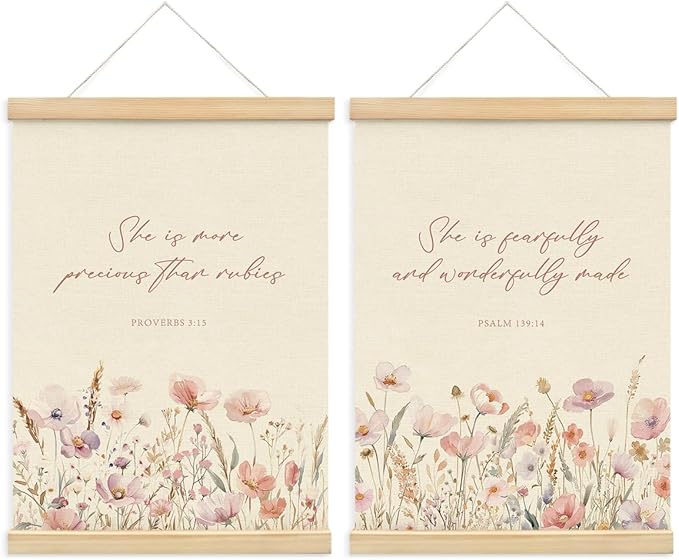 PLKMN Girls Room Decor, Pink Wildflower Baby Girl Nursery Decor Set of 2, Christian Gifts for Girls, Pink Floral Bible Christian Wall Art Framed, 12x16 Inch