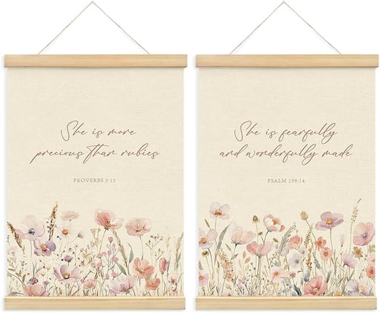 PLKMN Girls Room Decor, Pink Wildflower Baby Girl Nursery Decor Set of 2, Christian Gifts for Girls, Pink Floral Bible Christian Wall Art Framed, 12x16 Inch