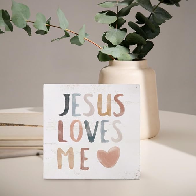 Boho Neutral Baby Girl Boy Nursery Decor - Jesus Loves Me Christian Wood Box Sign Desk Decor, Toddler Boy Girl Room Decor, Christian Desk Decor, Bible Verse Decor, 5x5