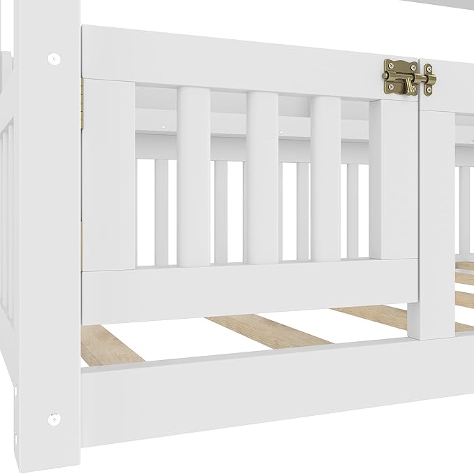 Polibi Twin Size Montessori Floor Bed with Guardrails, Low Profile Solid Wood Canopy Frame with Built-in Shelves, No Box Spring Needed, for Kids, White