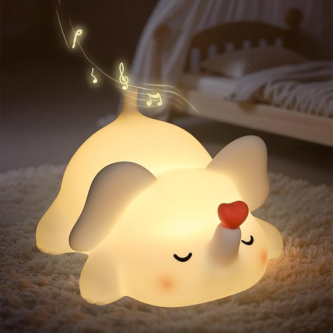 Squishy Night Light for Kids, Elephant Silicone Lamp with 4 Lullabies, Touch Control 3 Dimming Levels, 30-Min Timer, Rechargeable Cute Nightlight for Nursery, Toddler Room Decor