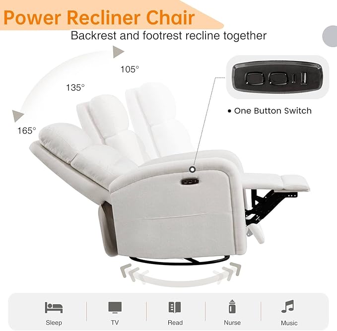 Power Glider Recliner Nursery Rocking Chairs with USB, Electric Swivel Rocker Glider Chair for Living Room, Upholstered Recliner Chairs for Bedroom, Bedroom, Chenille White