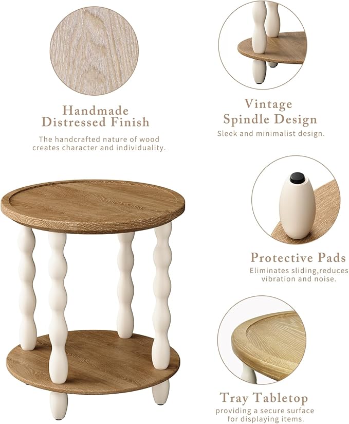 Round End Table, 2-Tier Farmhouse End Table, 18.5'' Handcrafted Weathered Look Wooden Nightstand Accent Table, Pine Leg, Small Side Tables for Living Room, Small Space, Bedroom, Boho, Easy Assembly