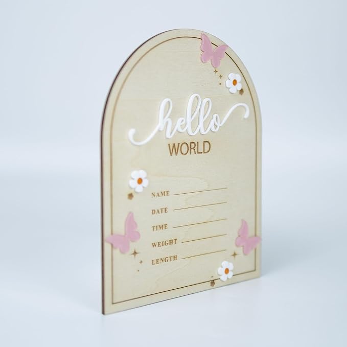 Baby Announcement Sign 6.5 Inch Wooden Hello World Newborn Welcome Sign Birth Name Plaques for Photo Props Shower Hospital Nursery (Butterfly)