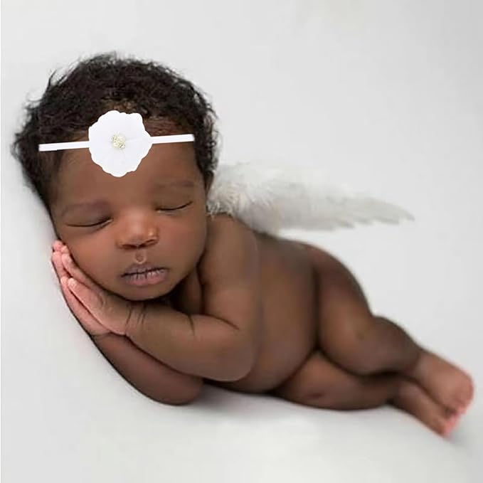 2PCS White Angel Wings With Pearl Chiffon Flower Headband For Newborn Infant Photography Props Soft Fairy Feather Wings For Toddlers Kids Girls Gifts(Color I, One Size)